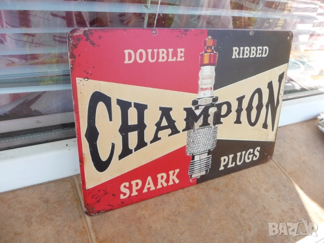 Метална табела Champion запалителна свещ стартер искра старт реклама ретро гараж сервиз ремонт коли, снимка 2 - Рекламни табели - 52184473