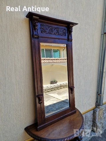 Голямо антикварно английско огледало масив с дърворезба , снимка 1