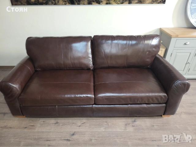 Кафяв кожен комплект дивани четворка и двойка с функция сън, снимка 2 - Дивани и мека мебел - 53755584
