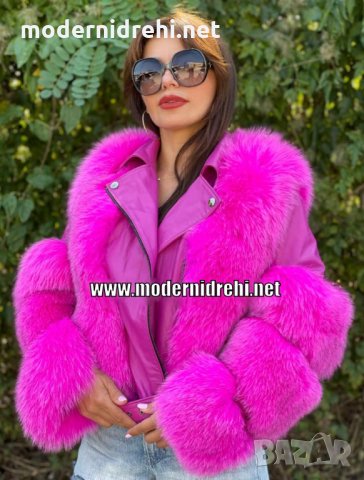 Луксозно дамско палто естествен косъм лисица и естествена кожа код 44