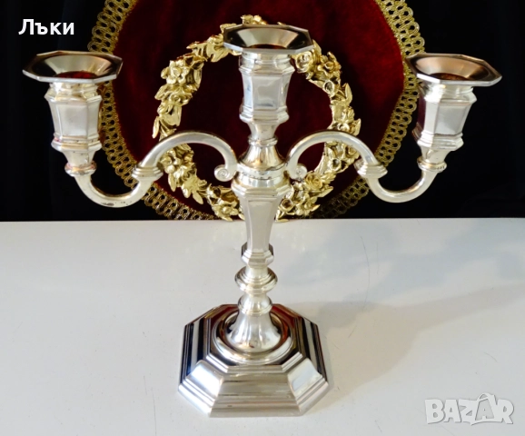 Посребрен свещник тройка,троен свещник от мед. , снимка 2 - Антикварни и старинни предмети - 52978362