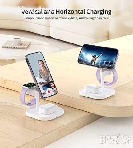 Ново Безжично магнитно зарядна устройство станция 15W телефон слушалки часовник Айфон, снимка 3 - Безжични зарядни - 41854931