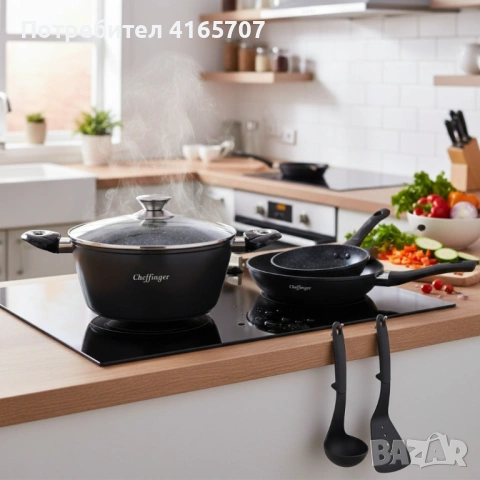 Комплект съдове за готвене 6 части Cheffinger – тенджера 24 см, тигани 24 и 28 см, за индукция, снимка 4 - Съдове за готвене - 53192457