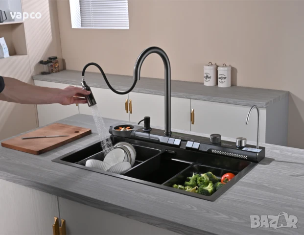 Мултифункционална кухненска мивка с регулируем двоен водопад и динамична подсветка M03, снимка 3 - Мивки - 50953828