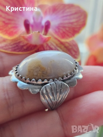 Старинен сребърен пръстен с Ахат, снимка 4 - Пръстени - 52378693