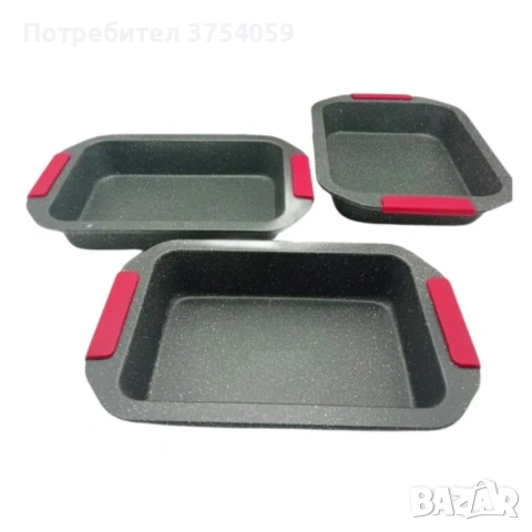 Комплект 3 тави за печене Cheffinger с мраморно покритие и силиконови дръжки – здрави, удобни , снимка 3 - Съдове за готвене - 53174516