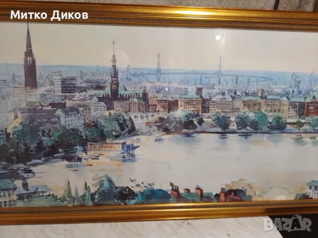 Hamburger Michel Landingsbrucken Binnenalsyer акварел подписан 90г панорама 132х58см Злат. рамка ст., снимка 7 - Картини - 55846251