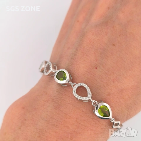 Нежна сребърна гривна с естествен перидот от Тайланд, снимка 6 - Гривни - 53449885