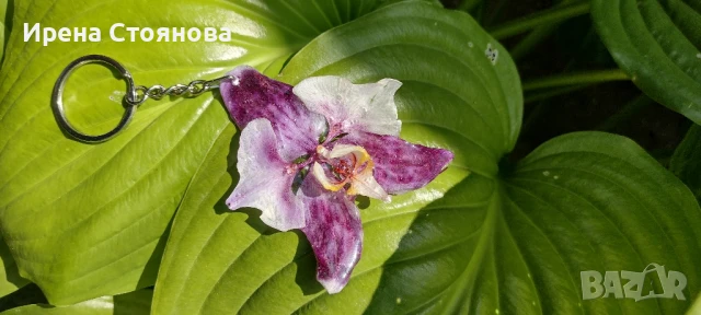 Ключодържател или аксесоар за чанта с естествен цвят на орхидея. Цвета е с размери 7/7,5 см. 
, снимка 3 - Чанти - 50563645