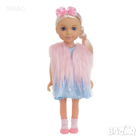 Модна кукла момиче с розова кожена жилетка и панделка - 45 см S_1245427