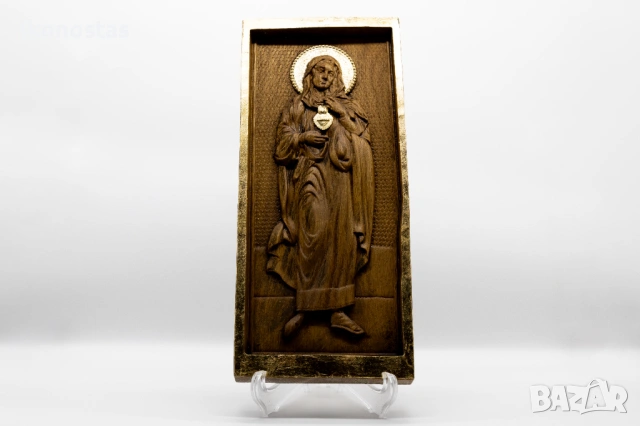 Релефна икона на Св. Богородица с Благодатно Сърце от масивен дъб, снимка 4 - Икони - 53223280