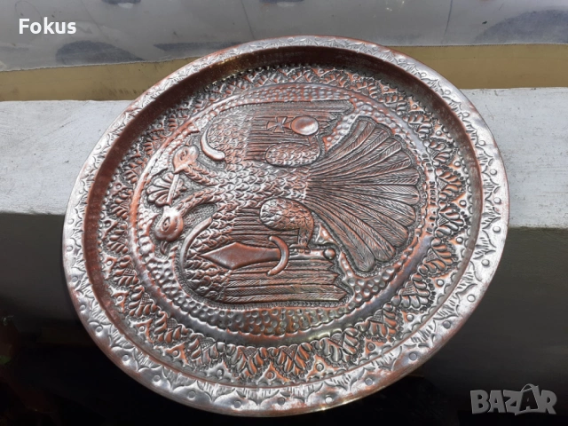 Голяма медна тава поднос с двуглав орел, снимка 2 - Антикварни и старинни предмети - 53356579
