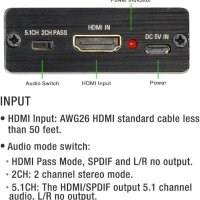 HDMI към HDMI аудио екстрактор с оптичен TOSLINK SPDIF стерео аудио конвертор,Ultra HD 4KX2K 3D, снимка 5 - Приемници и антени - 42430850