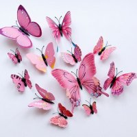 3D 12 бр pvc розови черни магнитни и самозалепващи пеперуди декорация за стена и мебел, снимка 1 - Други - 24240167