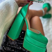 Сандали на ток - зелен сатен - VS1, снимка 2 - Дамски обувки на ток - 35714813