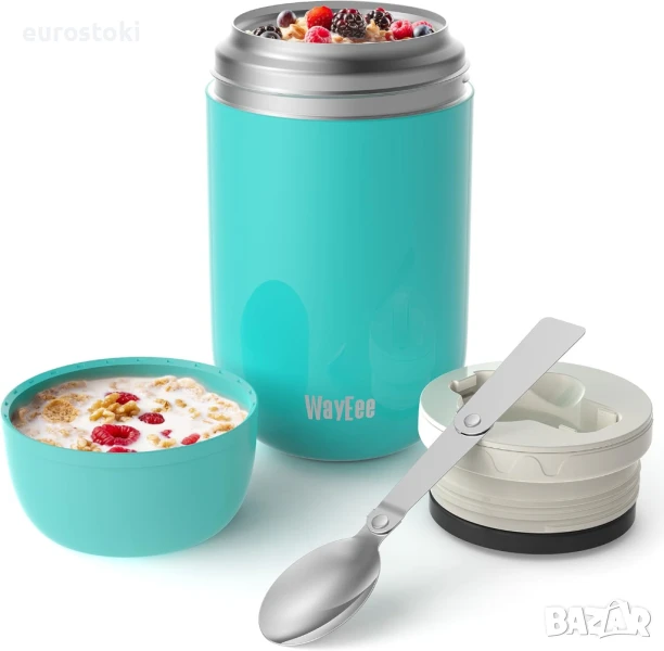 WayEee термос за топла храна, буркан от неръждаема стомана със сгъваема лъжица - 710 мл., (син) , снимка 1