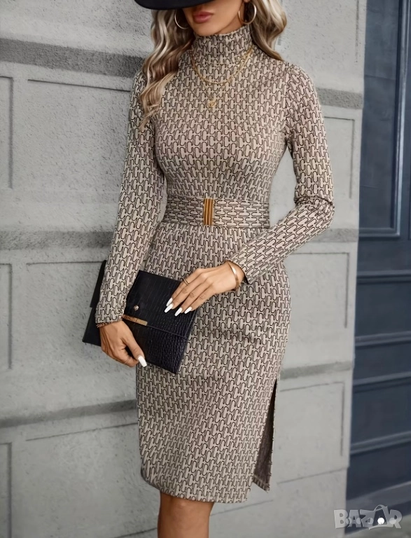 Бежова рокля с колан, снимка 1