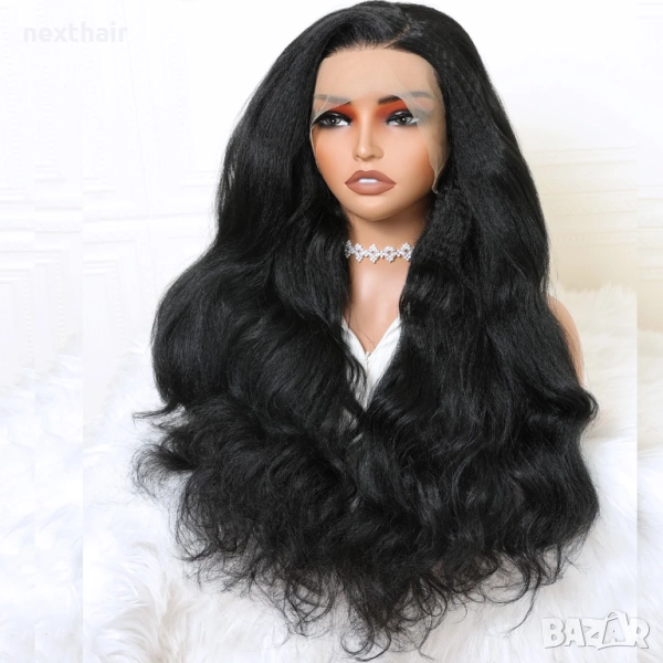 70 см Черна чуплива Yaki перука с дантела 13x4, снимка 1