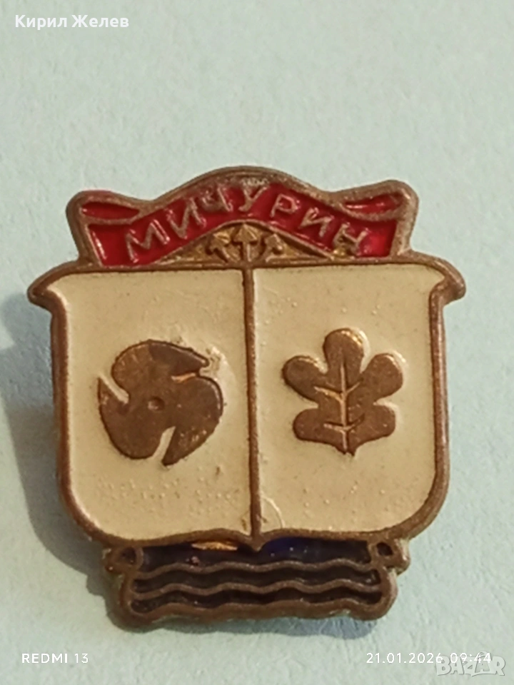 Стара значка от соца с герба на град МИЧУРИН сега ЦАРЕВО за КОЛЕКЦИЯ 51688, снимка 1