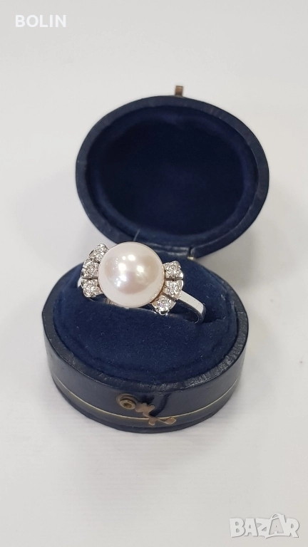 Златен пръстен с перла и диаманти , снимка 1
