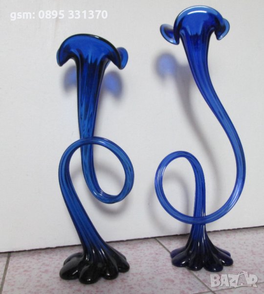 Високи  38 и 44 см  -  2 бр невероятни големи стъклени сини вази, ваза, кобалт, снимка 1