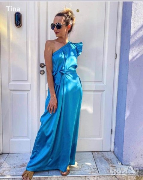 Сатенена рокля- цвят тюркоаз, снимка 1