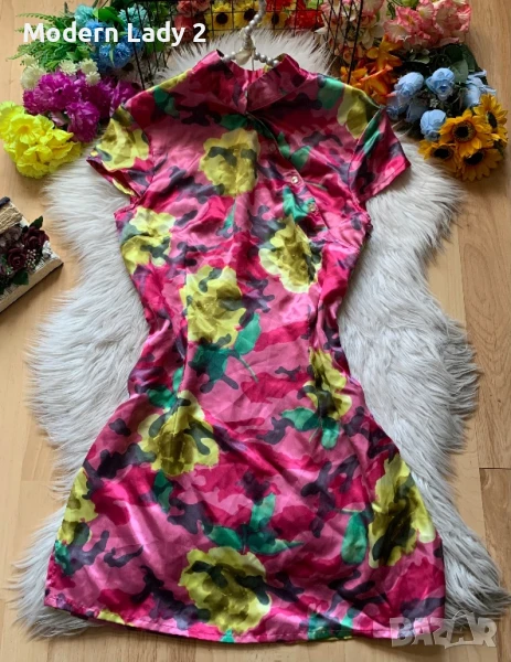 Цикламена сатенена рокля тип кимоно, снимка 1