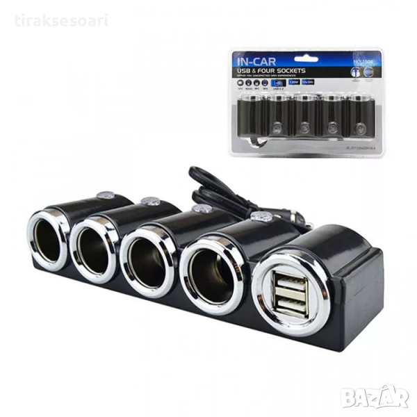 Разклонител за запалка с 4 гнезда, 2 USB 12-24 Volt, снимка 1