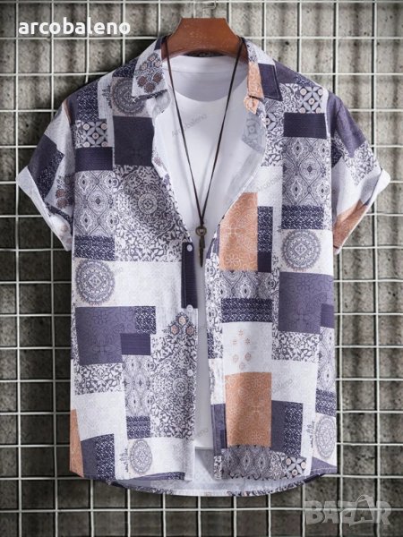 Ретро мъжка риза с къс ръкав с пейсли щампа, снимка 1