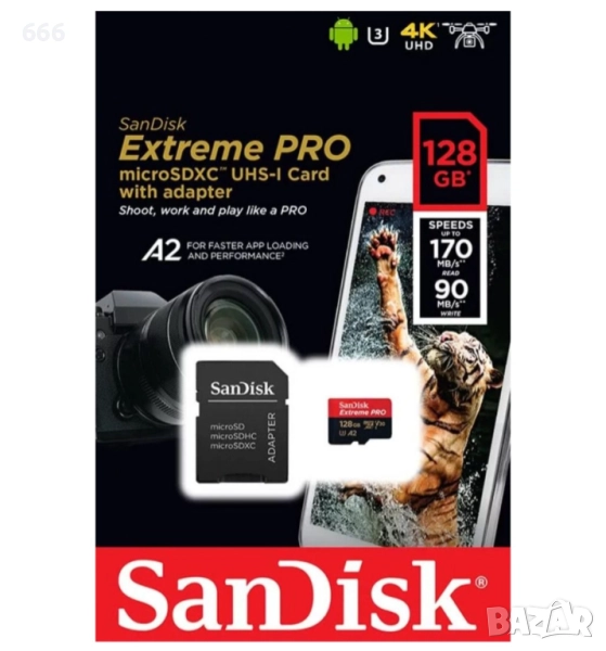 Карта памет SanDisk - Extreme PRO, 128GB, microSDXC, Class10 + адаптер, снимка 1