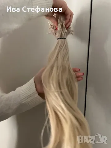 Уникална мека естествена руса коса блонд кератинови кичури 50 см , снимка 6 - Аксесоари за коса - 48663046