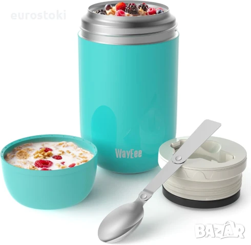 WayEee термос за топла храна, буркан от неръждаема стомана със сгъваема лъжица - 710 мл., (син) , снимка 1