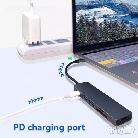 6 В 1 USB тип C към 4K HDMI USB3.0 USB SD TF адаптер за четец на карти, снимка 4 - Други - 41507960