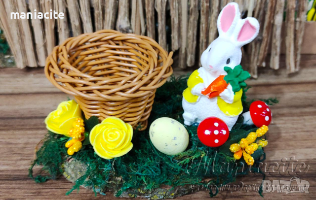 Поставка за яйчице със зайче върху дървено трупче, снимка 2 - Декорация за дома - 44838015