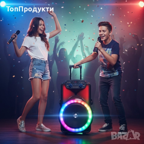 Караоке тонколона 12" BT-1218 с Bluetooth, цветомузика и 2 безжични микрофона – 2000W мощност за ист, снимка 2 - Тонколони - 52961602