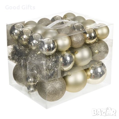 54 броя Комплект коледни топки + гирлянд, цвят Шампанско в 4 размера