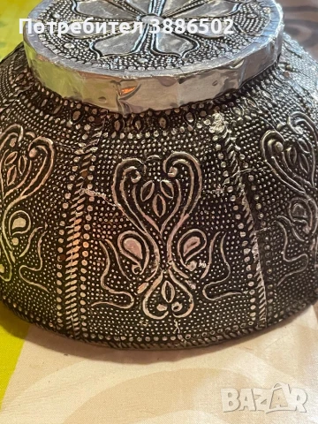 Ръчно изработена декоративна купа от дърво с метална облицовка (не се влияе от магнит), снимка 5 - Антикварни и старинни предмети - 50856346