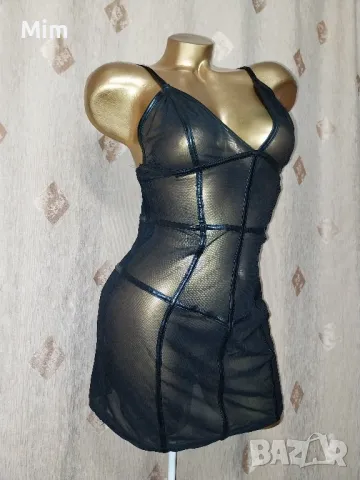 М Черна прозрачна нощница с кожа 