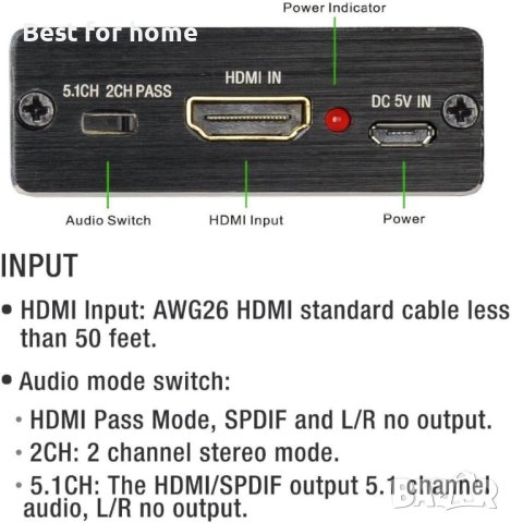 HDMI към HDMI аудио екстрактор с оптичен TOSLINK SPDIF стерео аудио конвертор,Ultra HD 4KX2K 3D, снимка 5 - Приемници и антени - 42430850