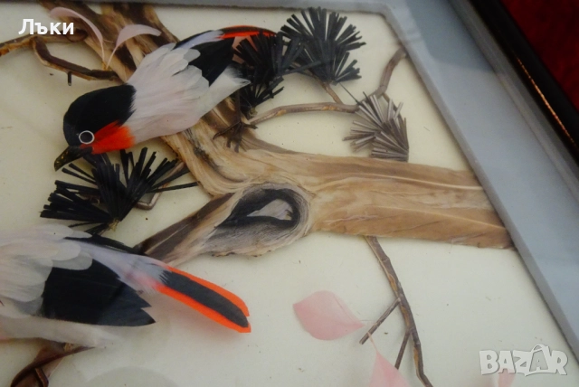 Стара диорама от пера Птици с гнездо,рамка. , снимка 7 - Антикварни и старинни предмети - 51990046