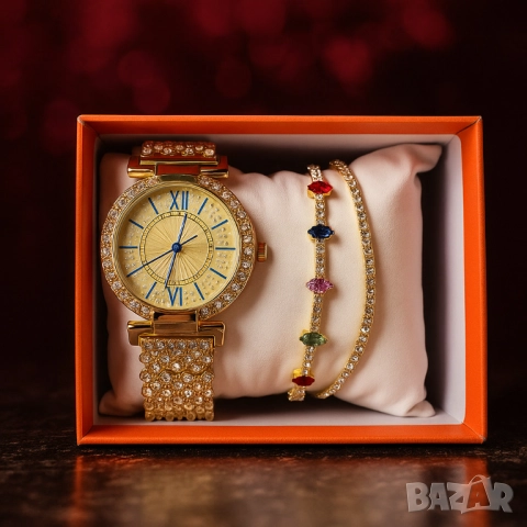 Дамски комплект 3-в-1: Елегантен часовник с две гривни в подаръчна кутия, снимка 5 - Бижутерийни комплекти - 51967226