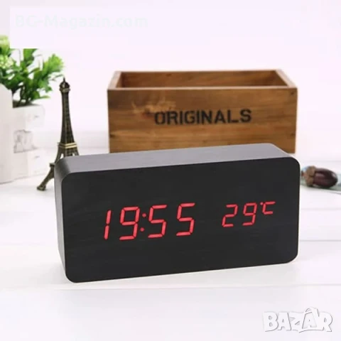 LED декоративен дървен дигитален настолен часовник с температура USB спалня офис светещ електронен, снимка 3 - Други - 51039092