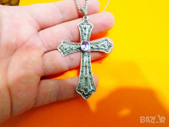 голям стар кован сребърен  кръст с аметист, маркенази и сребърен синджир православен кръст сребро, снимка 2 - Колиета, медальони, синджири - 38915468