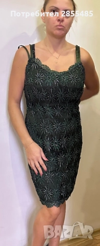 Рокля тъмнозелена с дантела, снимка 2 - Рокли - 52018399