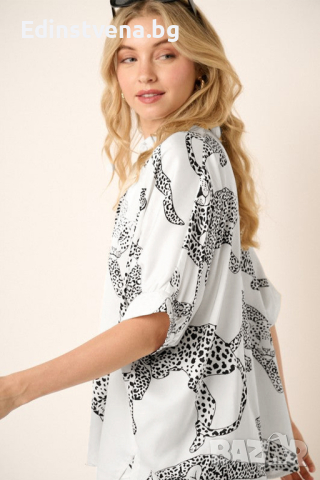 Дамска риза в бял цвят с принт гепард, снимка 2 - Ризи - 44821717
