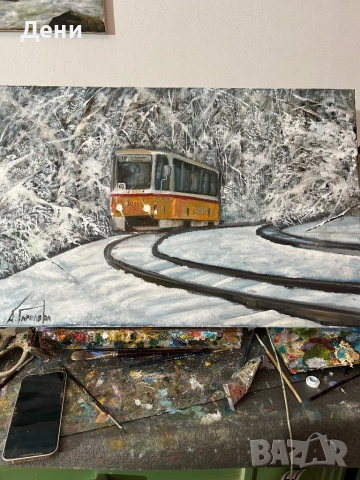 Картина с маслени бои 40/60 с трамвай “Зимен етюд от София”, снимка 4 - Картини - 51477840
