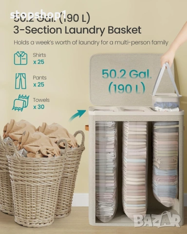 Кош за пране SONGMICS, 190 л кош за пране, лесен монтаж, с капак и дръжки, подвижна вътрешна торба, , снимка 3 - Други - 53770822