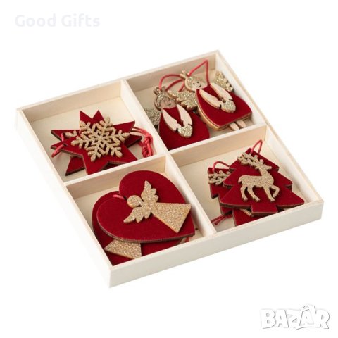 8 броя Комплект Дървени играчки за елха в 4 дизайна, 5 см