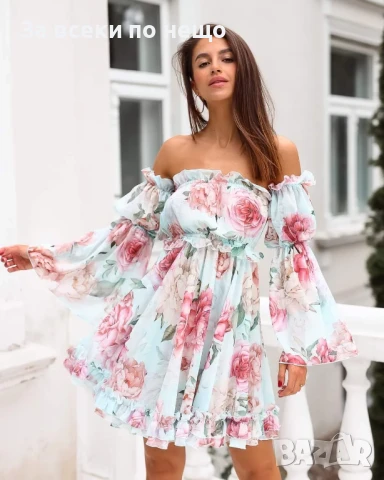 Дамска Лятна Къса Рокля С Паднали Рамене - Налични Различни Цветове Код LFS564, снимка 3 - Рокли - 50888825