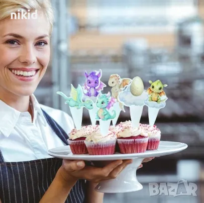 24 бр Динозавър Динозаври дракон къси остри картонени топери за торта мъфини кексчета парти рожден, снимка 2 - Други - 47781272